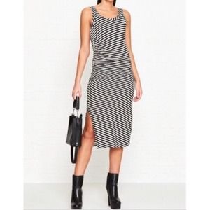 AllSaints Tina Stripe Midi Side Ruched Split Linen Blend Dress, Black/Chalk, XS